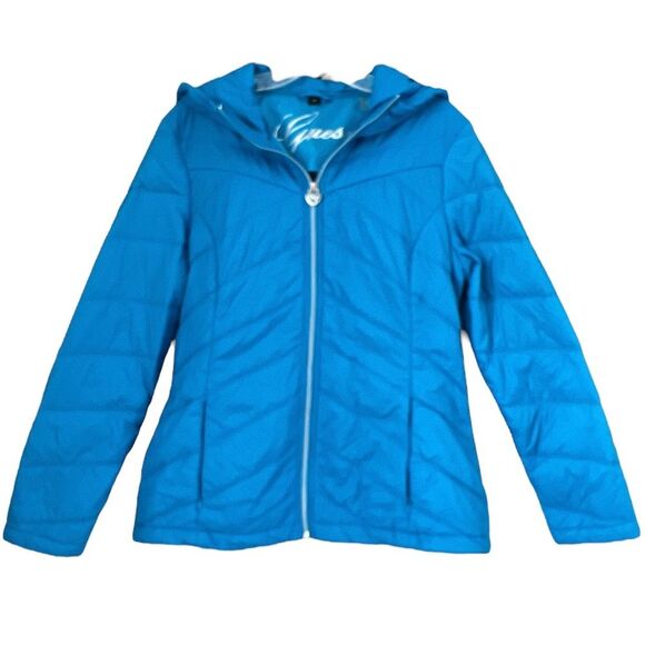 Guess Lightweight Puffer Jacket Coat Sky Blue Packable Travel SZ L - Picture 1 of 14